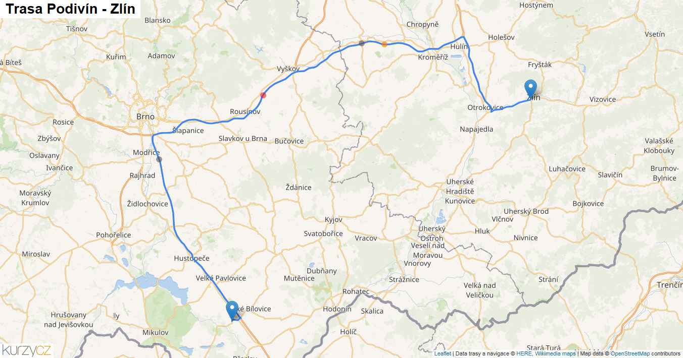 Podivín-Zlín, mapa trasy