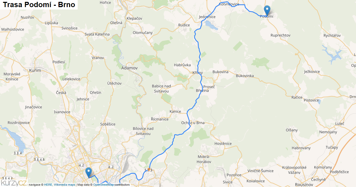 Podomí-Brno, mapa trasy