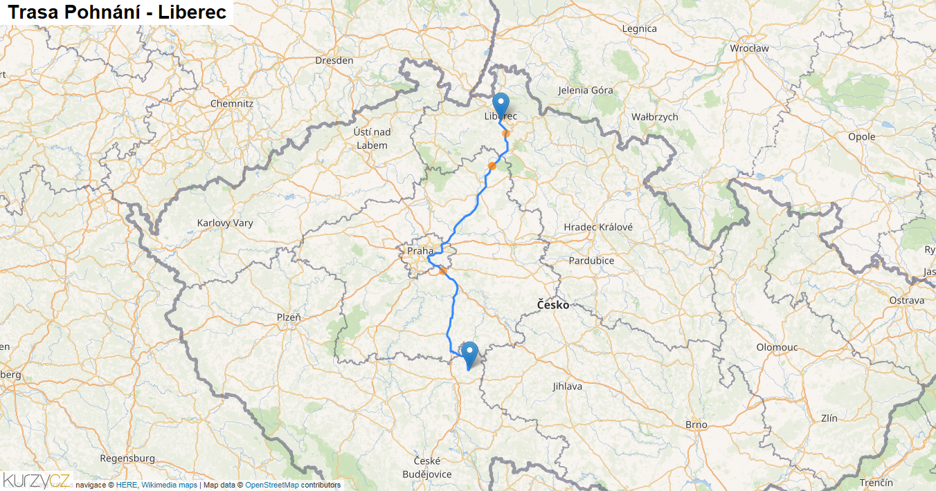 Pohnání-Liberec, mapa trasy