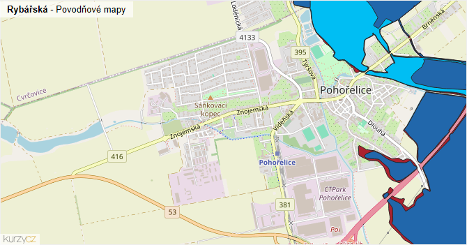 Rybářská - záplavové mapy stoleté vody