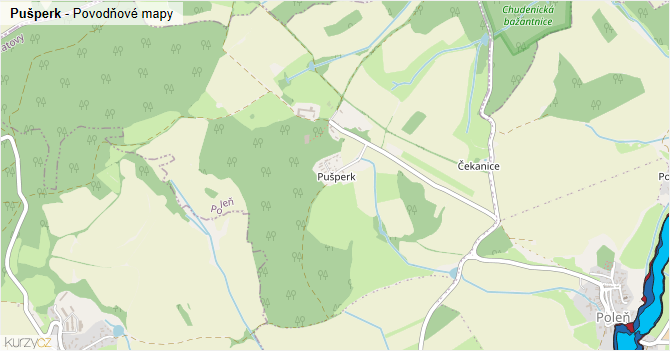 Pušperk - záplavové mapy stoleté vody
