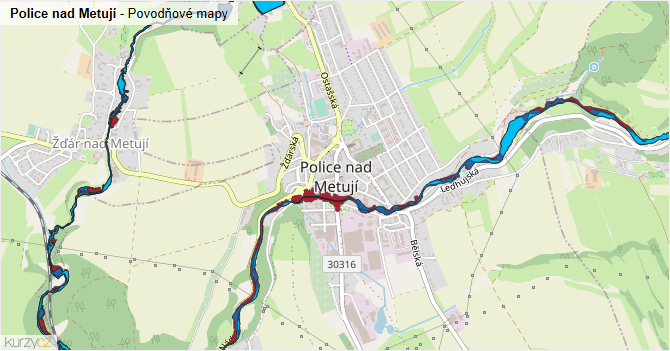 Police nad Metují - záplavové mapy stoleté vody