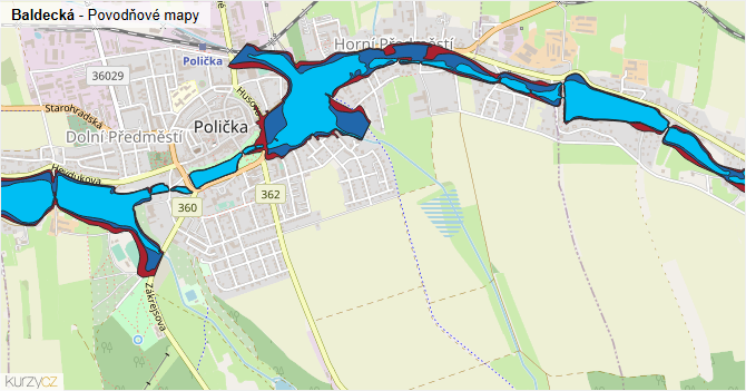 Baldecká - záplavové mapy stoleté vody
