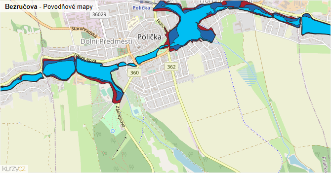 Bezručova - záplavové mapy stoleté vody