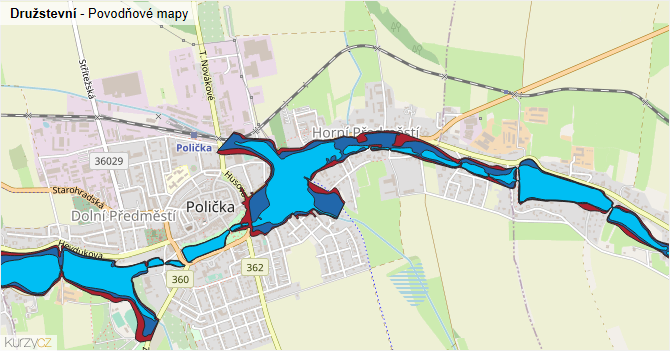 Družstevní - záplavové mapy stoleté vody