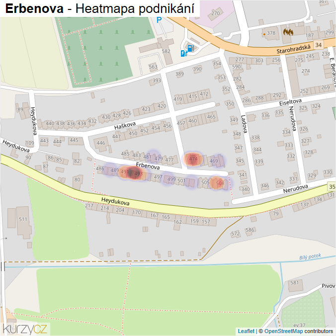 Mapa Erbenova - Firmy v ulici.