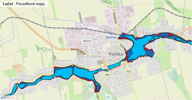 Luční - záplavové mapy stoleté vody