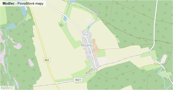 Modřec - záplavové mapy stoleté vody
