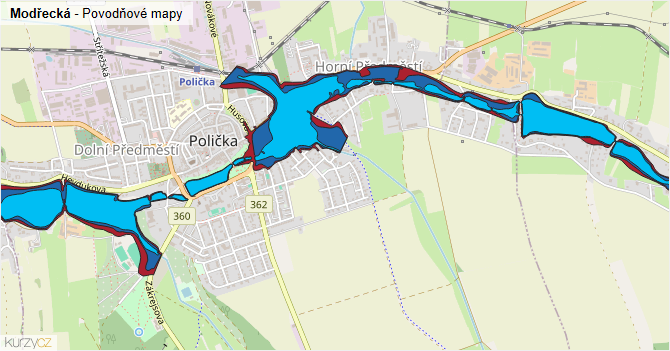 Modřecká - záplavové mapy stoleté vody