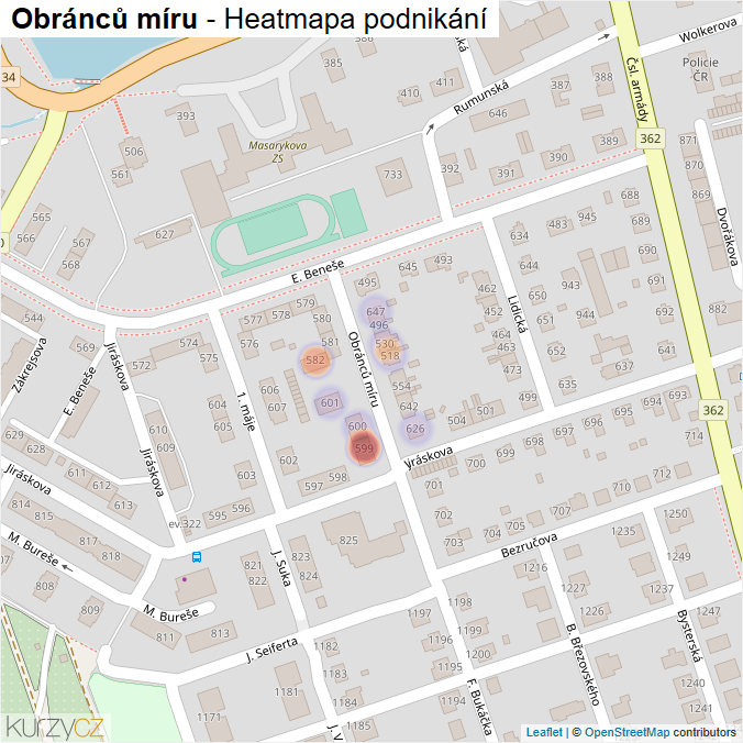 Mapa Obránců míru - Firmy v ulici.