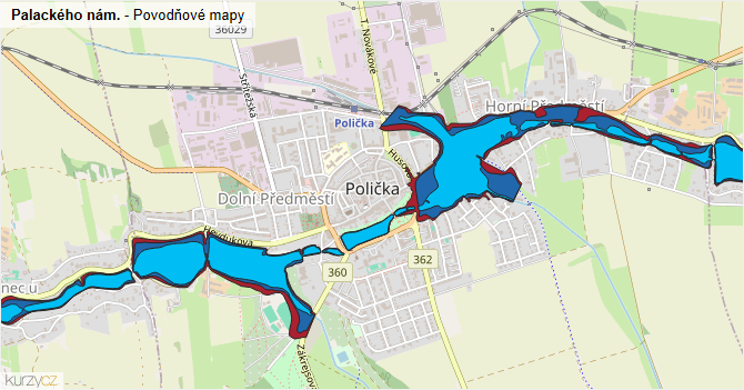 Palackého nám. - záplavové mapy stoleté vody