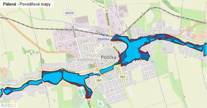 Pálená - záplavové mapy stoleté vody