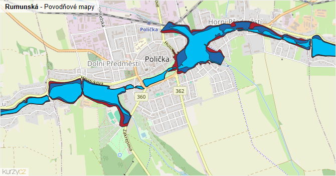 Rumunská - záplavové mapy stoleté vody