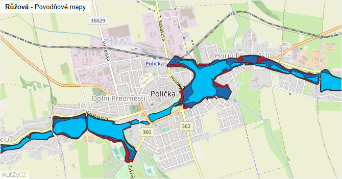 Růžová - záplavové mapy stoleté vody