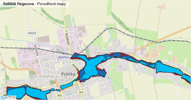 Sídliště Hegerova - záplavové mapy stoleté vody