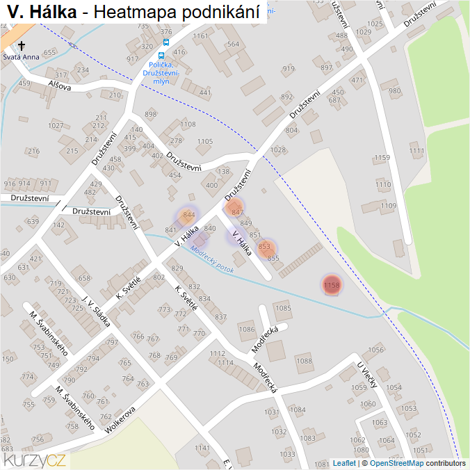 Mapa V. Hálka - Firmy v ulici.