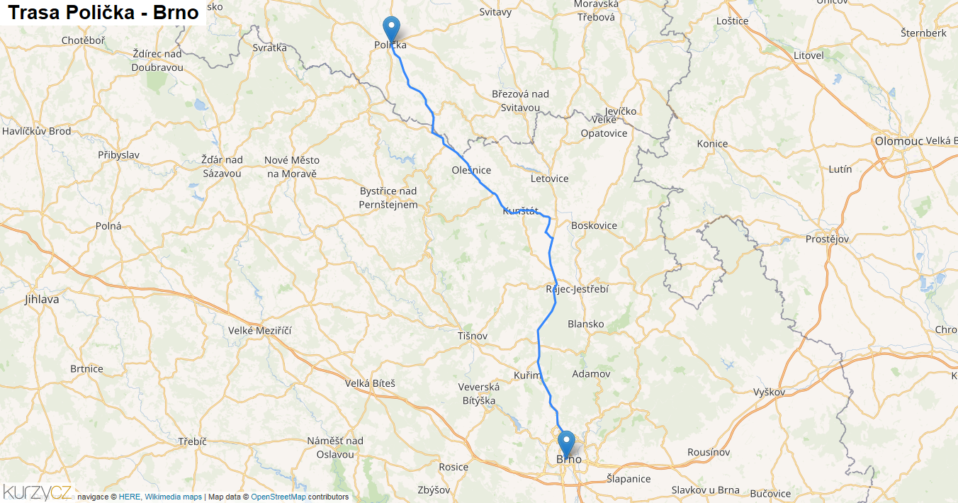Polička-Brno, mapa trasy