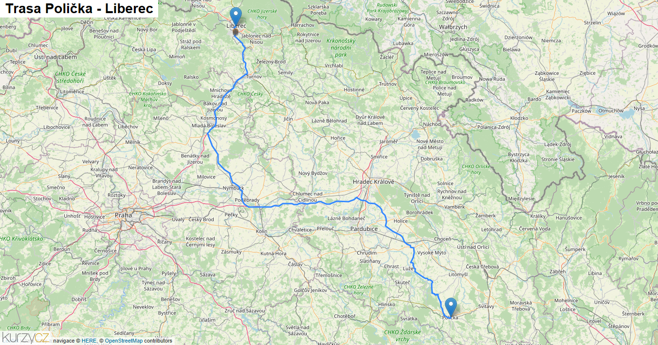 Polička-Liberec, mapa trasy