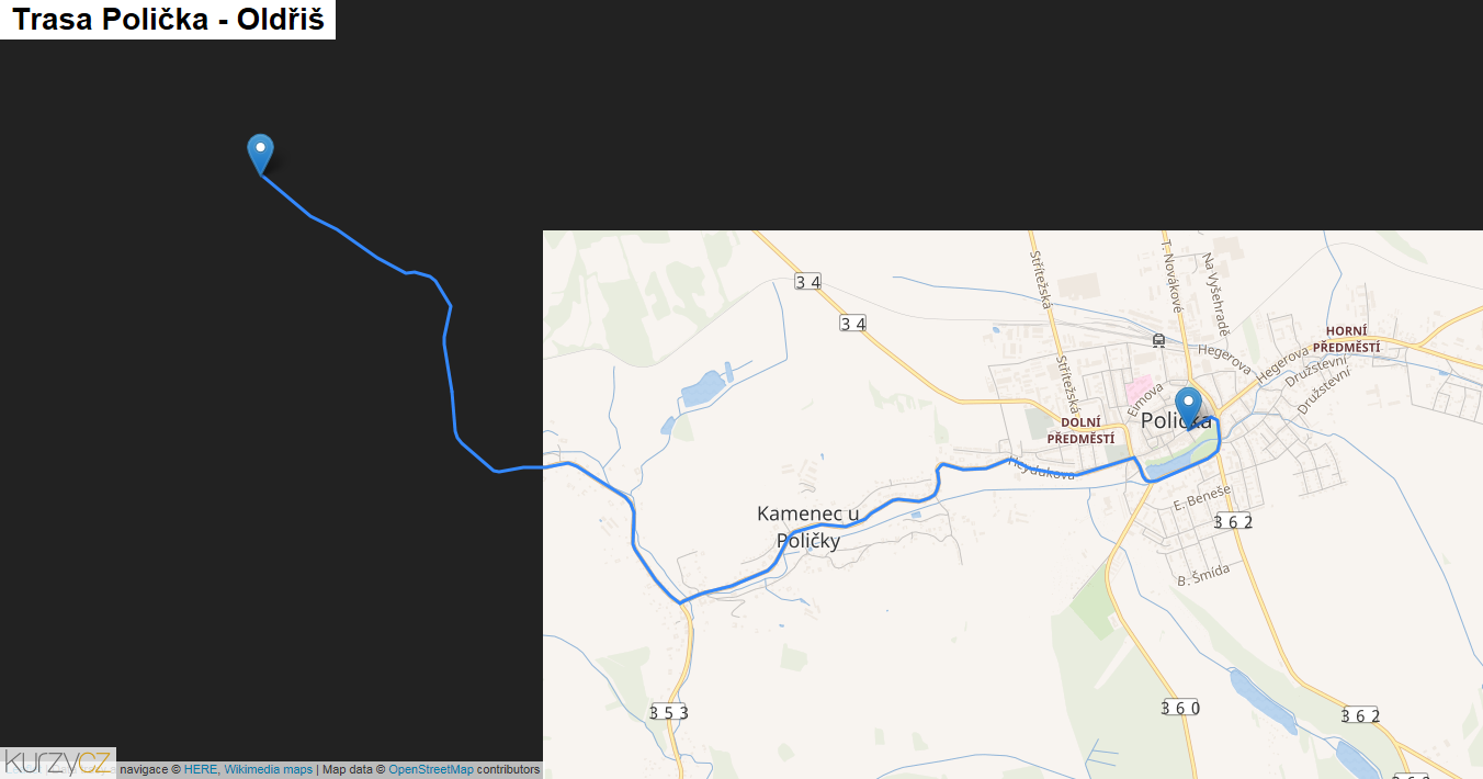 Polička-Oldřiš, mapa trasy