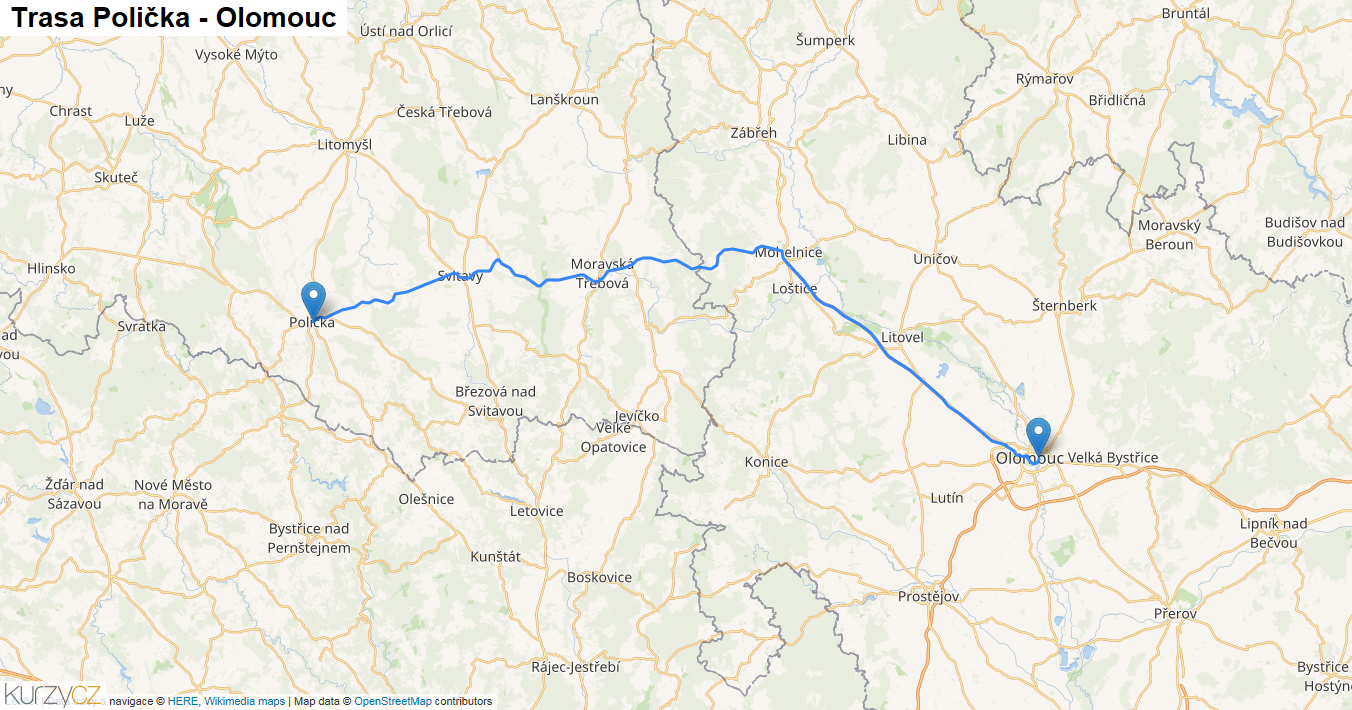 Polička-Olomouc, mapa trasy