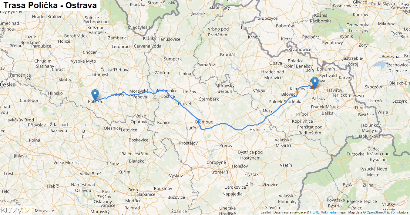 Polička-Ostrava, mapa trasy