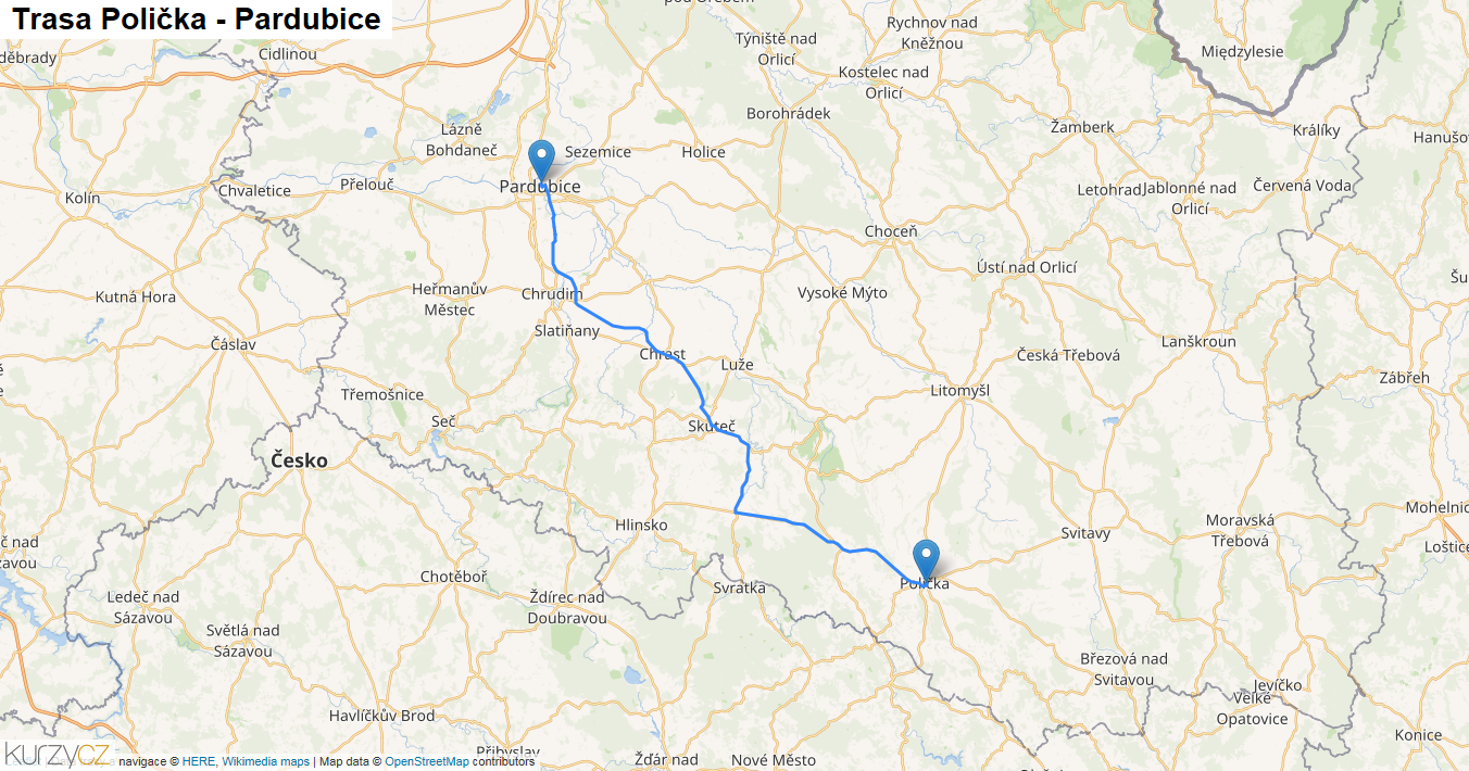 Polička-Pardubice, mapa trasy