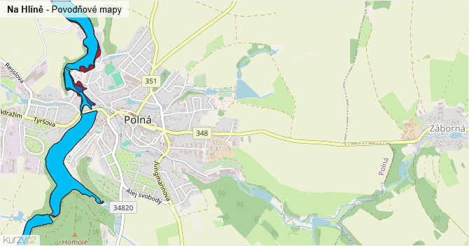 Na Hlíně - záplavové mapy stoleté vody