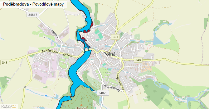 Poděbradova - záplavové mapy stoleté vody