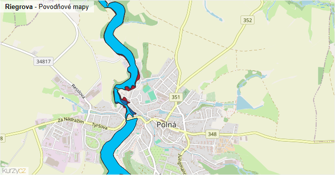 Riegrova - záplavové mapy stoleté vody