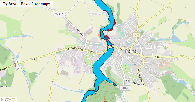 Tyršova - záplavové mapy stoleté vody