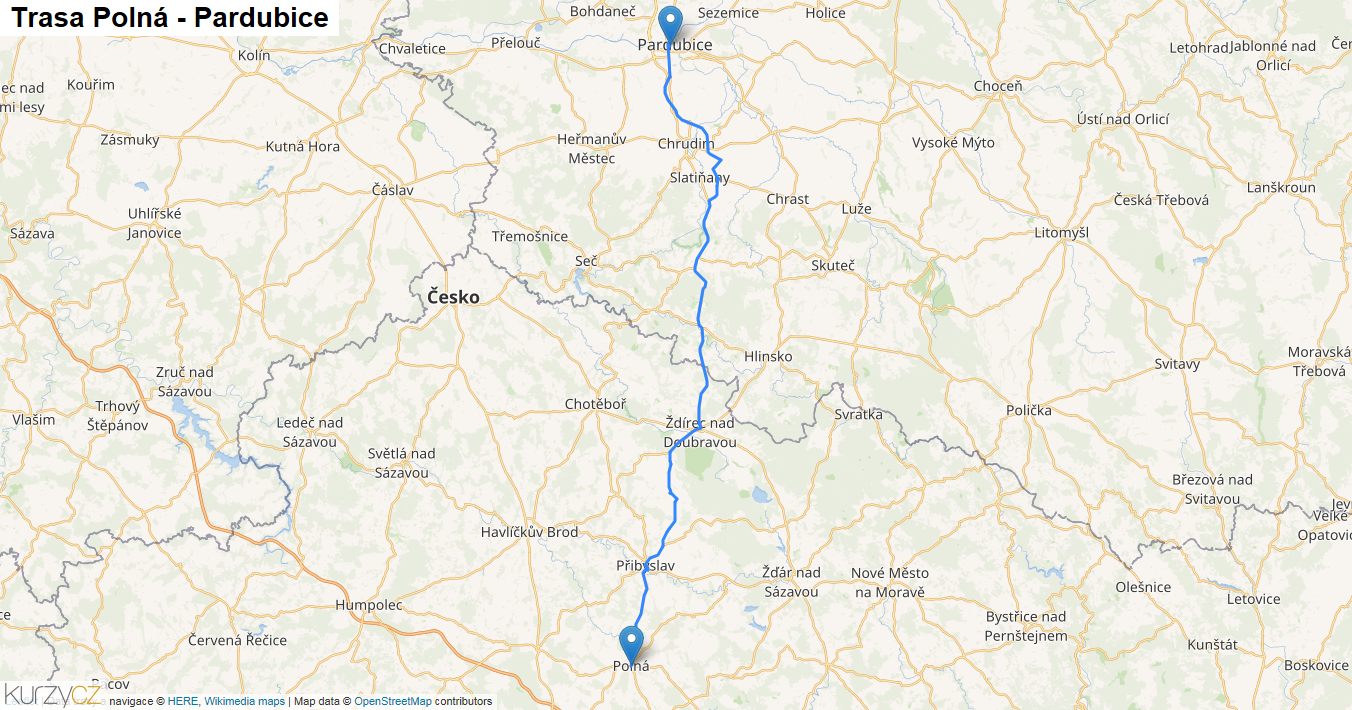Polná-Pardubice, mapa trasy