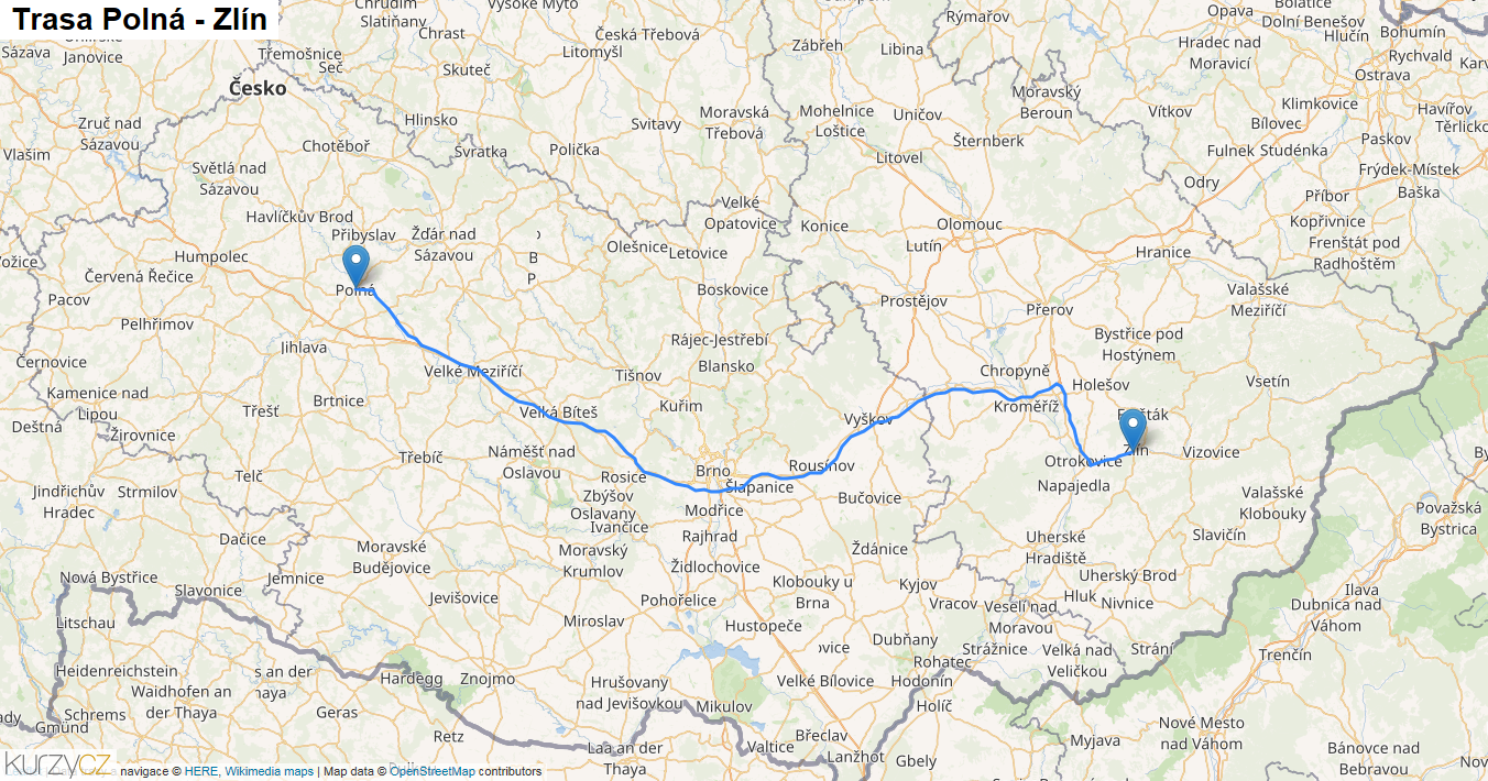 Polná-Zlín, mapa trasy