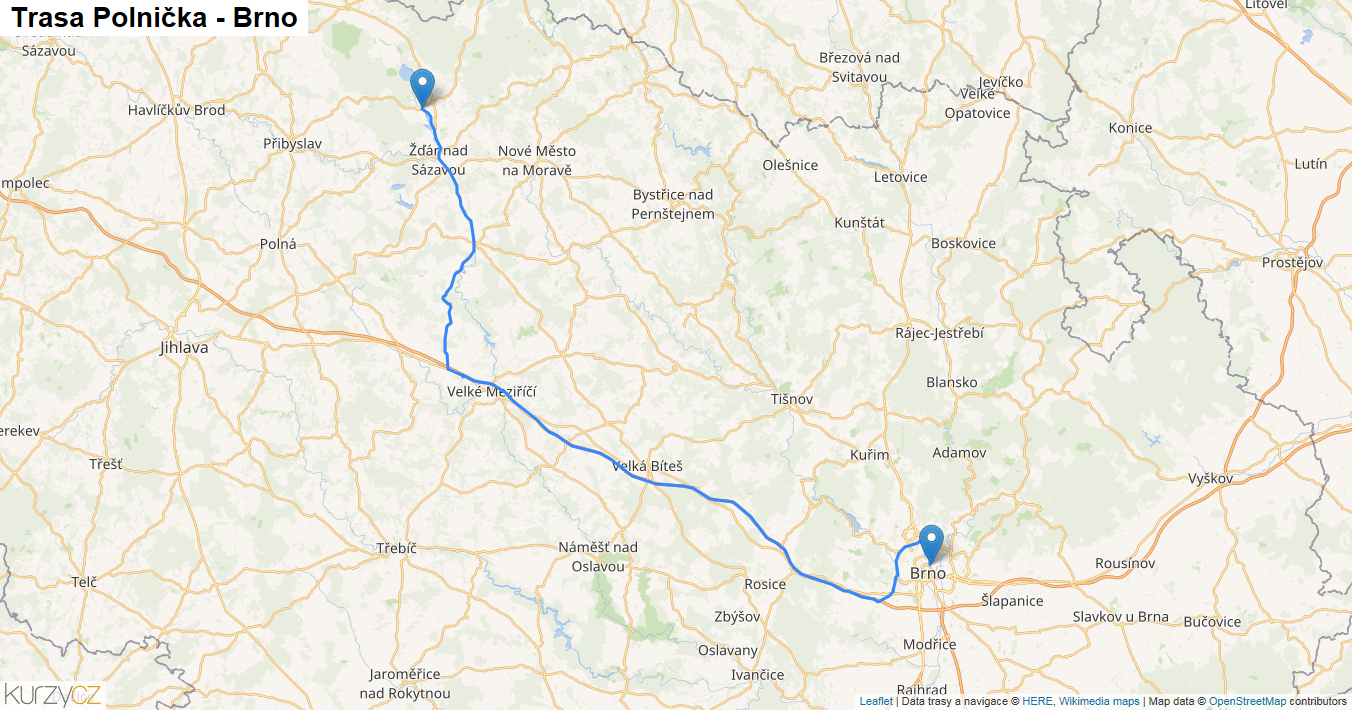 Polnička-Brno, mapa trasy