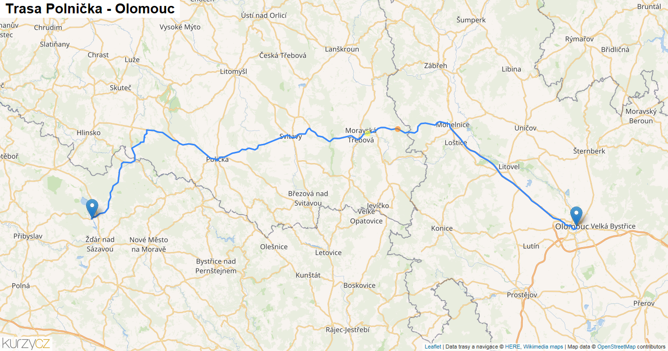 Polnička-Olomouc, mapa trasy