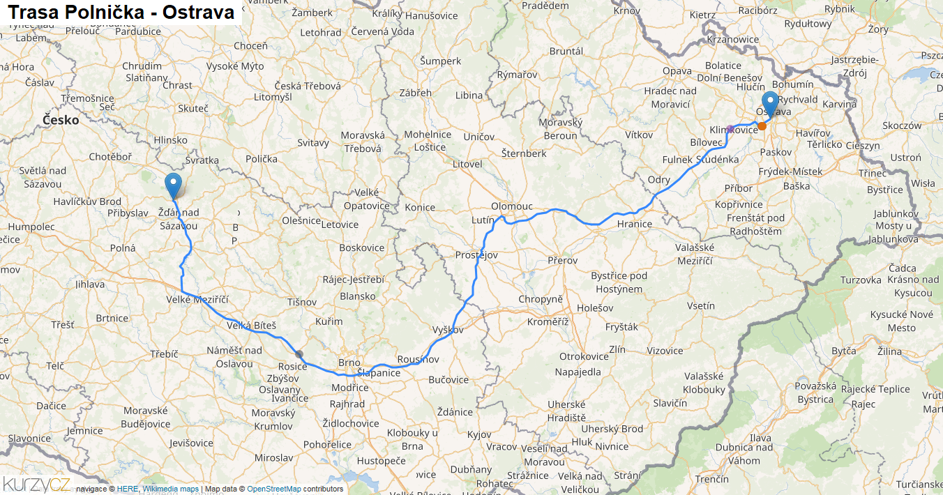 Polnička-Ostrava, mapa trasy
