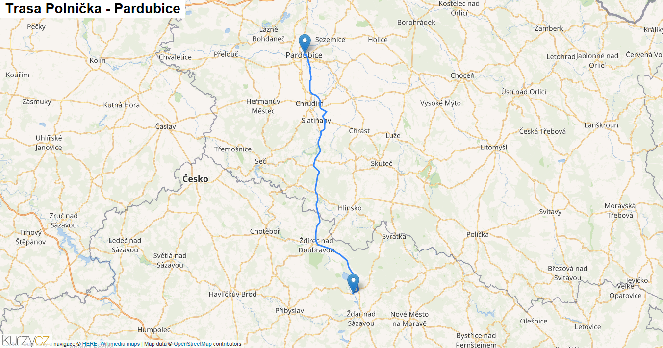 Polnička-Pardubice, mapa trasy