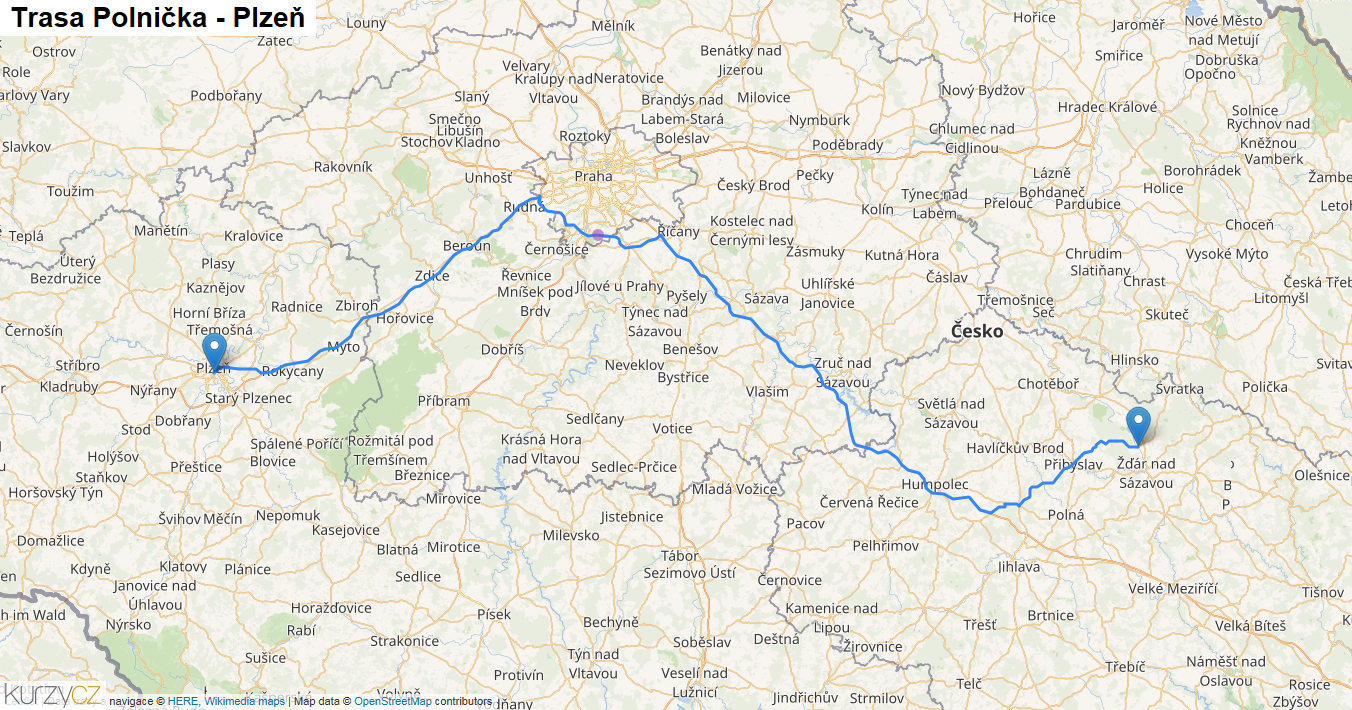 Polnička-Plzeň, mapa trasy