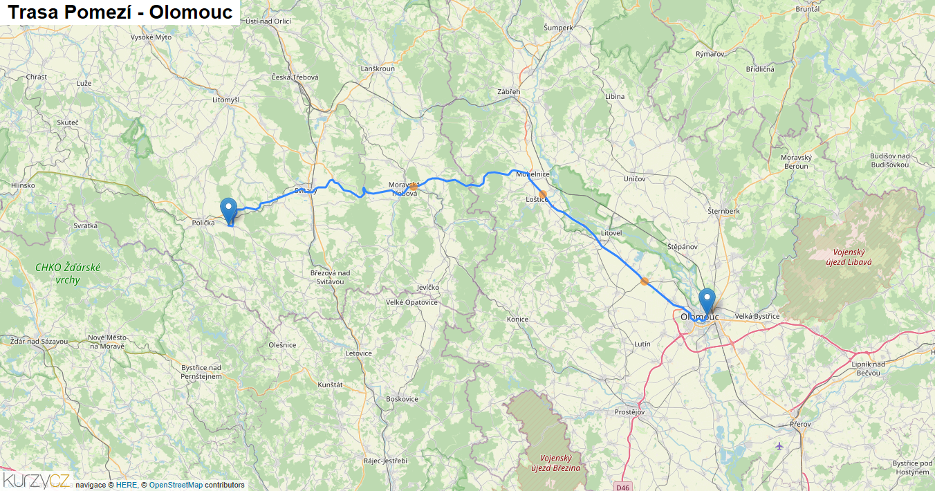 Pomezí-Olomouc, mapa trasy