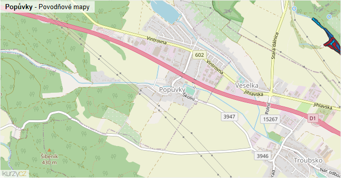 Popůvky - záplavové mapy stoleté vody