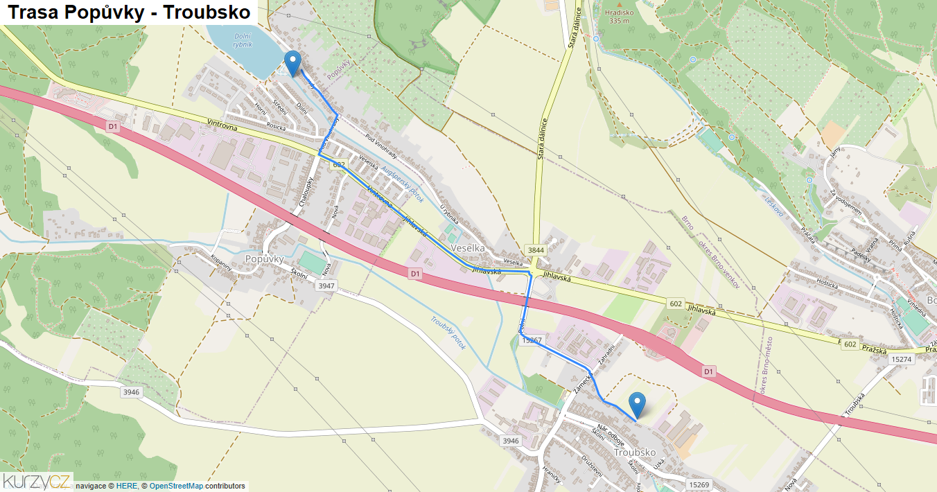 Popůvky-Troubsko, mapa trasy
