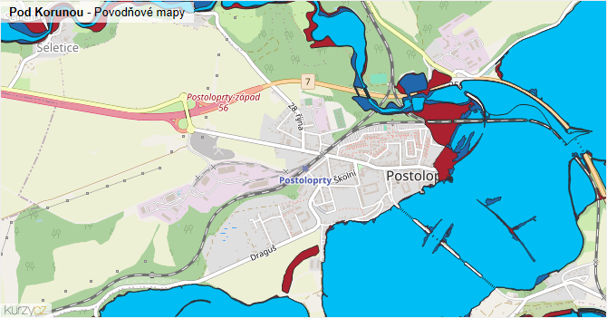 Pod Korunou - záplavové mapy stoleté vody