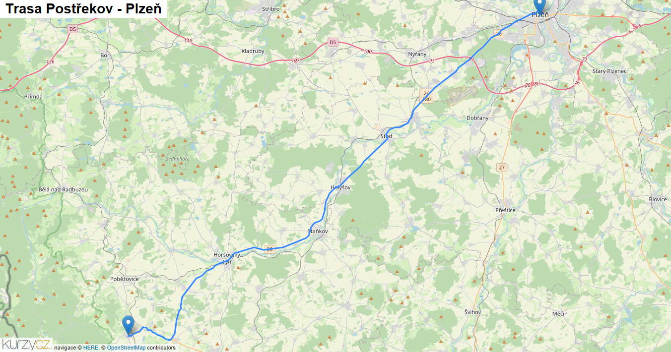 Postřekov-Plzeň, mapa trasy