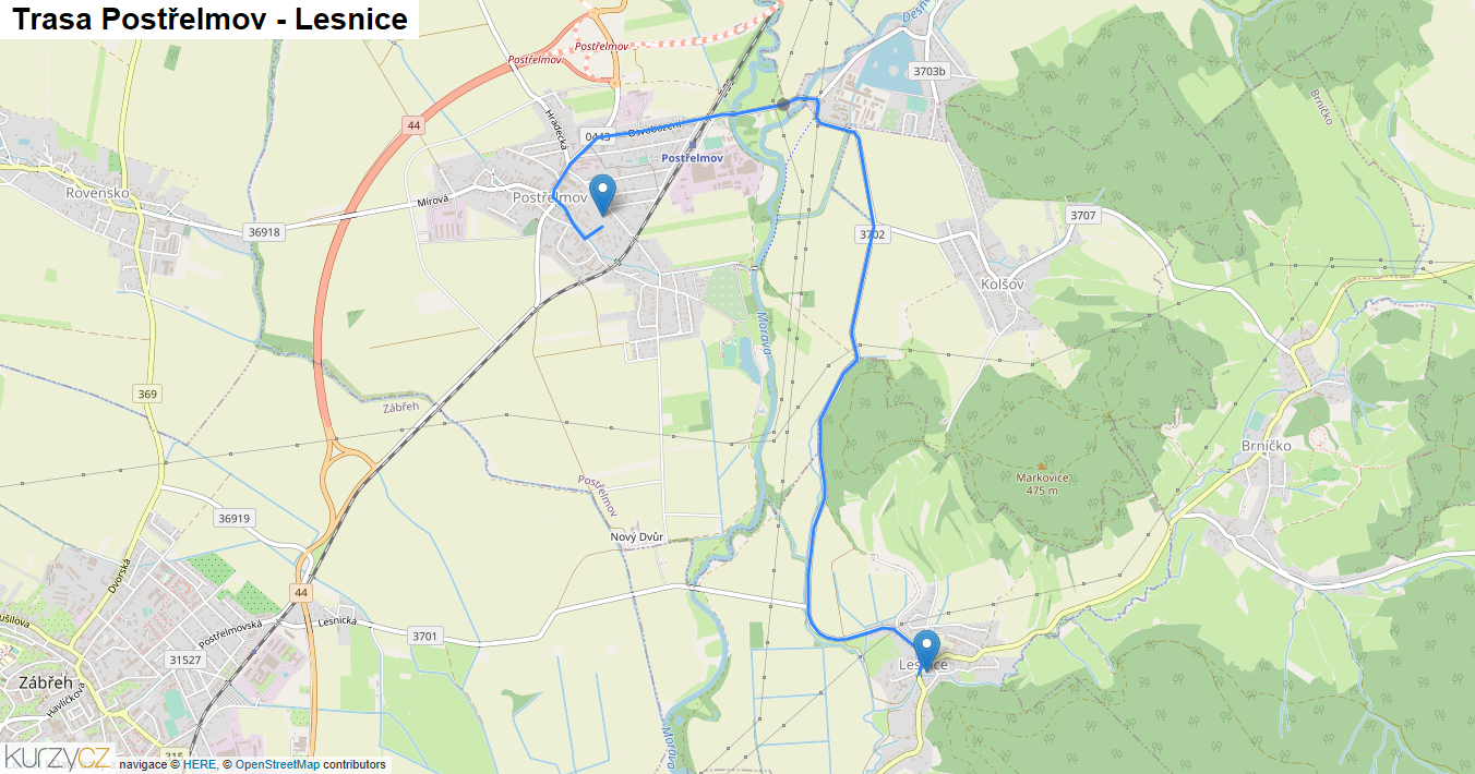 Postřelmov-Lesnice, mapa trasy