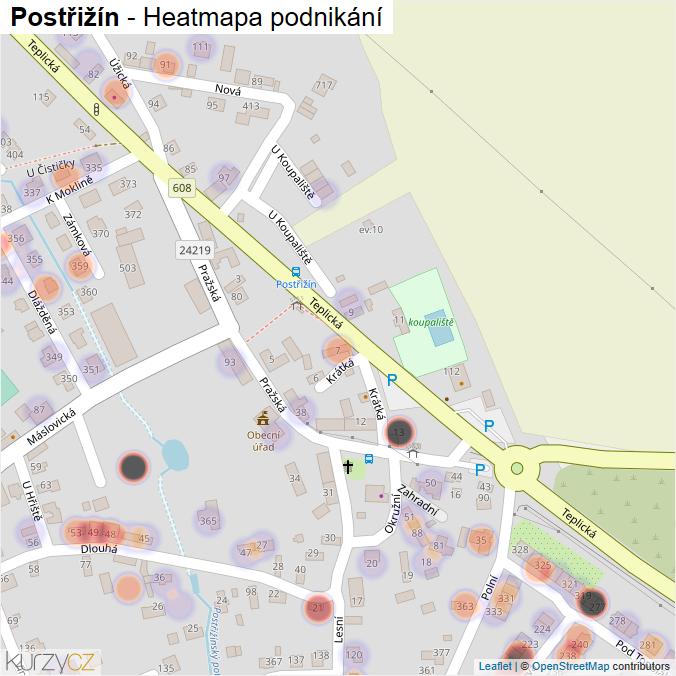 Mapa Postřižín - Firmy v obci.