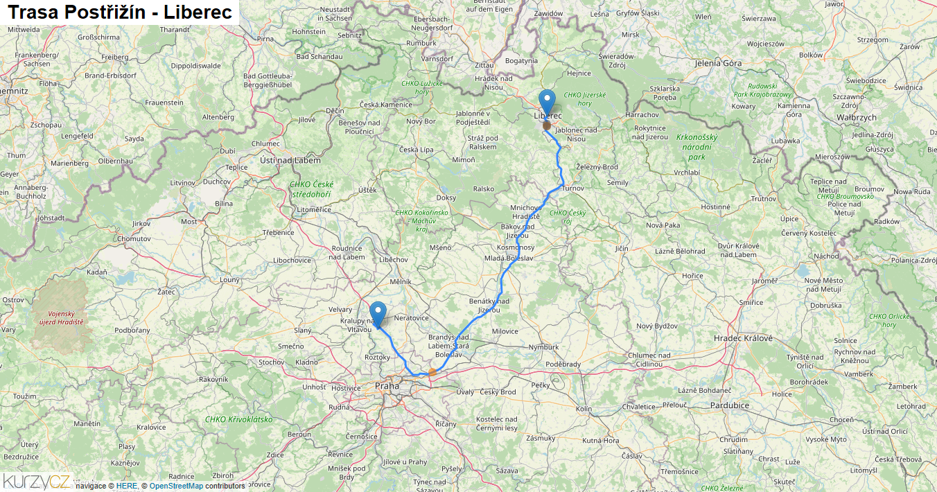 Postřižín-Liberec, mapa trasy