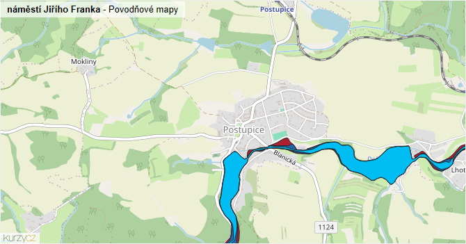 náměstí Jiřího Franka - záplavové mapy stoleté vody