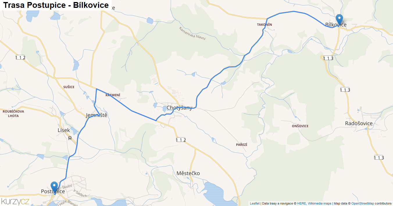 Postupice-Bílkovice, mapa trasy