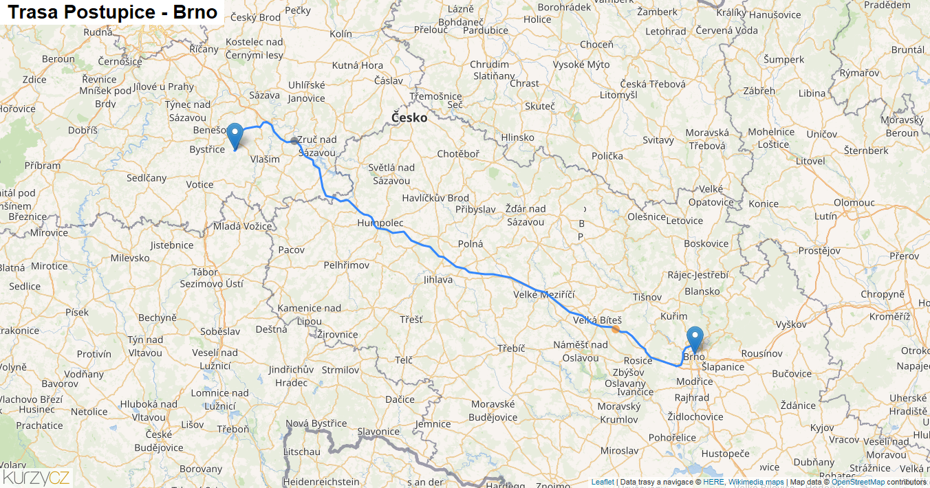 Postupice-Brno, mapa trasy