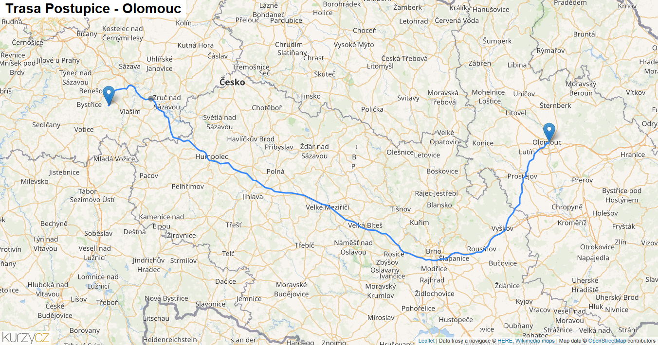 Postupice-Olomouc, mapa trasy