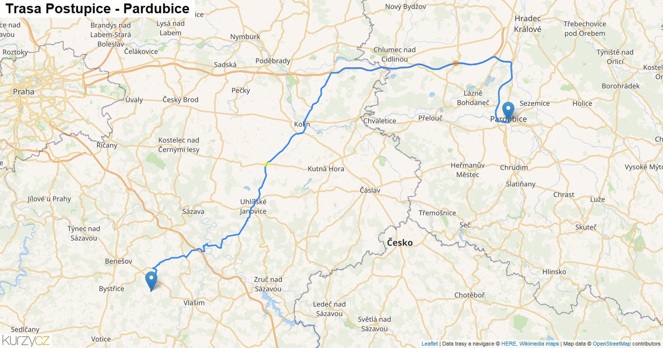 Postupice-Pardubice, mapa trasy